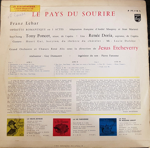 Franz Lehár / Tony Poncet, Renée Doria, Henri Gui, Lucie Dolène - Grand Orchestre René Alix Et Chœurs René Alix , Direction Jésus Etcheverry : Le Pays Du Sourire (Opérette Romantique En 3 Actes) (LP, Album, RP)