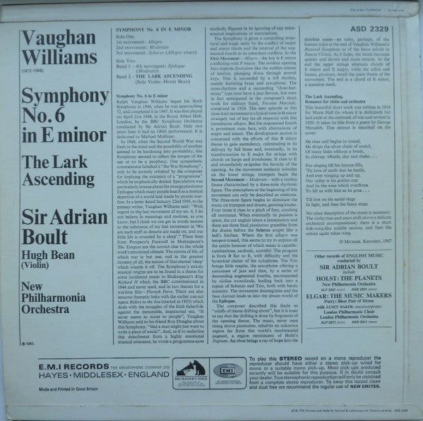 Sir Adrian Boult conducts Ralph Vaughan Williams, New Philharmonia Orchestra, Hugh Bean : Symphony No. 6 / The Lark Ascending (LP)