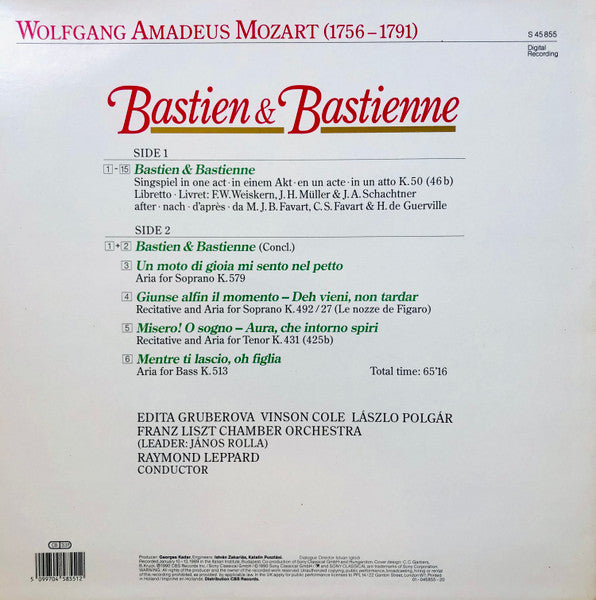 Edita Gruberova / Vinson Cole / László Polgár, Liszt Ferenc Chamber Orchestra / Raymond Leppard, Wolfgang Amadeus Mozart : Bastien Und Bastienne (LP, Album)