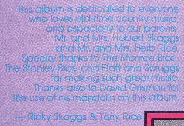 Ricky Skaggs & Tony Rice : Skaggs & Rice (LP, Album)