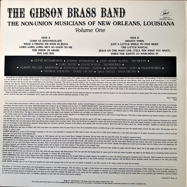 The Gibson Brass Band : Ghb Records Presents The Non-Union Musicians Of New Orleans, Louisiana - Volume One (LP, Album)