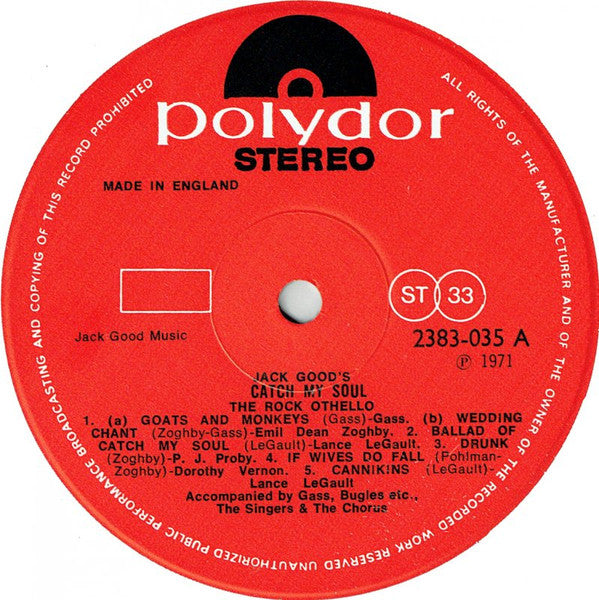 Jack Good, The Gass : Catch My Soul - Live Original Cast Recording (LP, Album, Gat)