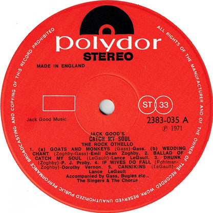 Jack Good, The Gass : Catch My Soul - Live Original Cast Recording (LP, Album, Gat)