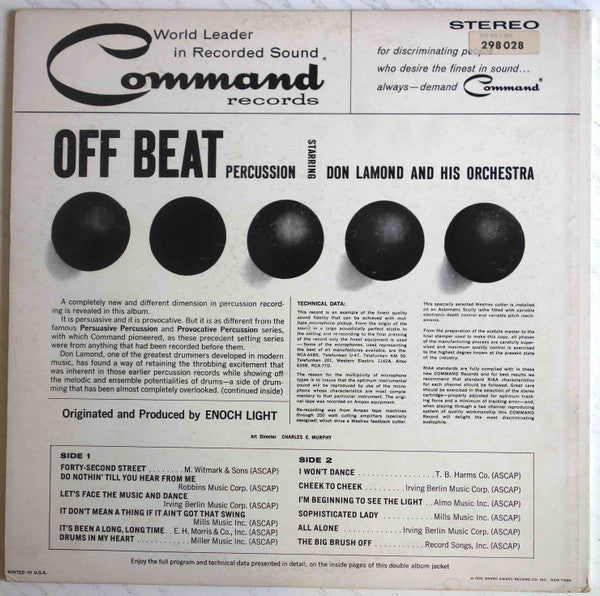 Don Lamond And His Orchestra : Off Beat Percussion (LP, Album)