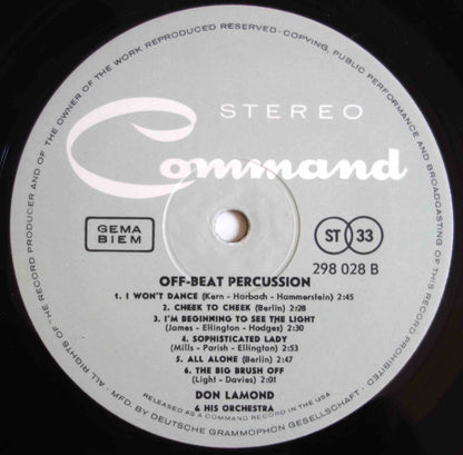 Don Lamond And His Orchestra : Off Beat Percussion (LP, Album)