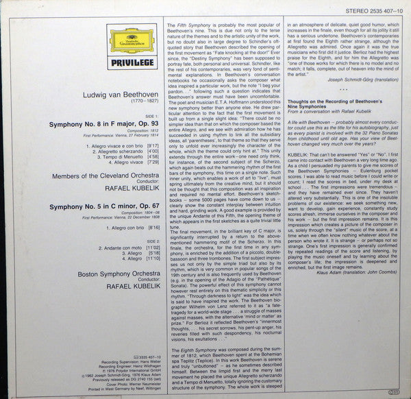 Ludwig van Beethoven, Boston Symphony Orchestra, Members of the Cleveland Orchestra, Rafael Kubelik : Symphonies Nos. 5 & 8 (LP)