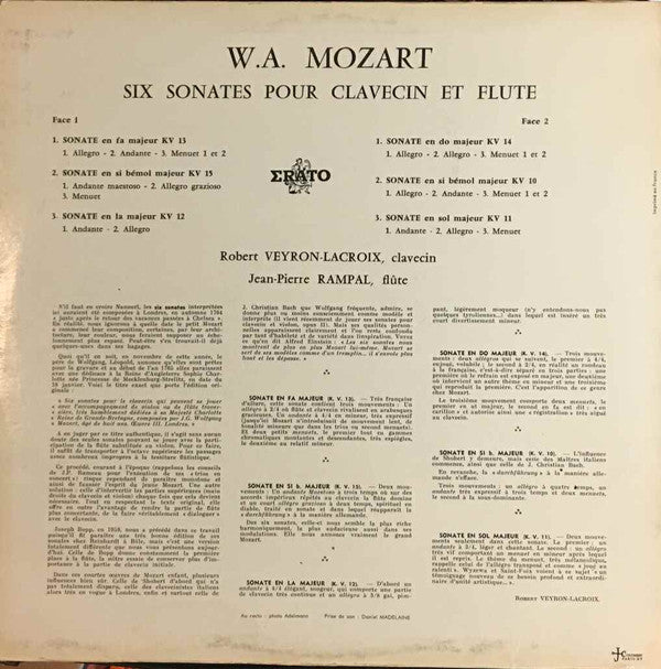 Wolfgang Amadeus Mozart, Robert Veyron-Lacroix, Jean-Pierre Rampal : Six Sonates Pour Clavecin Et Flute (K.V. 10 A 15) (LP)