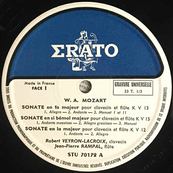 Wolfgang Amadeus Mozart, Robert Veyron-Lacroix, Jean-Pierre Rampal : Six Sonates Pour Clavecin Et Flute (K.V. 10 A 15) (LP)