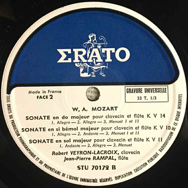 Wolfgang Amadeus Mozart, Robert Veyron-Lacroix, Jean-Pierre Rampal : Six Sonates Pour Clavecin Et Flute (K.V. 10 A 15) (LP)