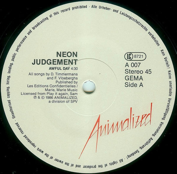 The Neon Judgement : Awful Day · TV Treated (New Version) · The Man (Remix) (12")