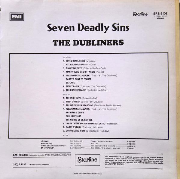 The Dubliners : Seven Deadly Sins (LP, Album, RE)