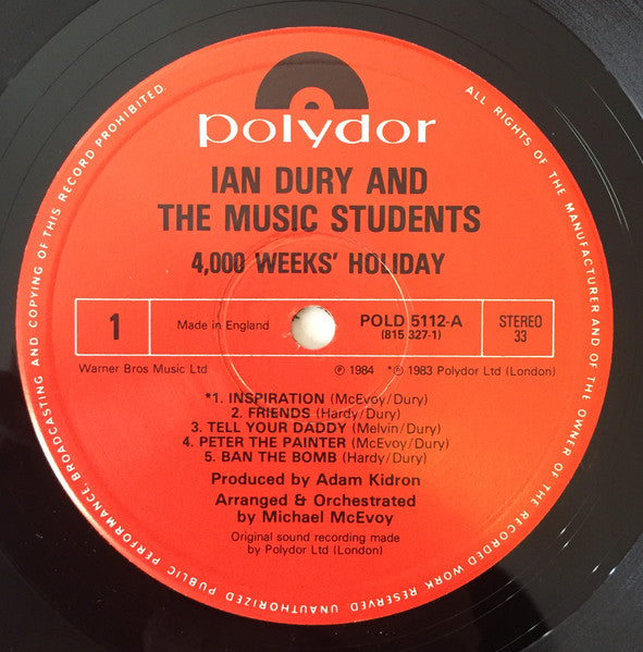 Ian Dury And The Music Students : 4000 Weeks' Holiday (LP, Album)