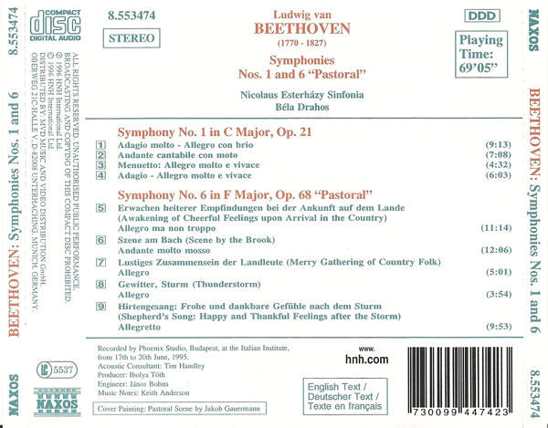 Ludwig van Beethoven / Nicolaus Esterházy Sinfonia / Bela Drahos : Symphonies Nos. 1 And 6 "Pastoral" (CD)