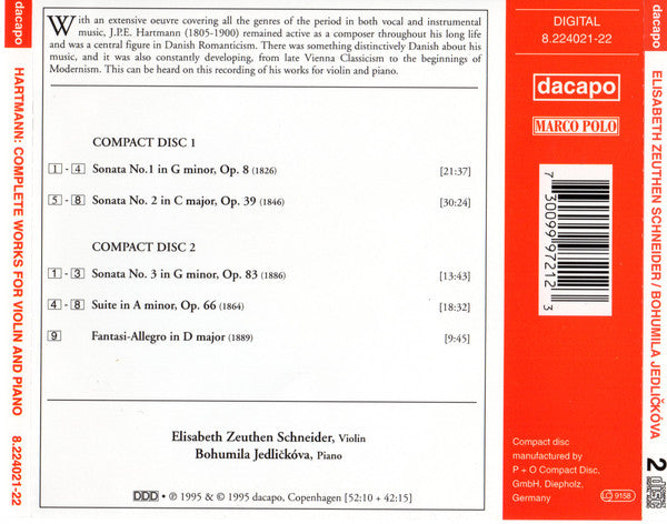 Johan Peter Emilius Hartmann, Elisabeth Zeuthen Schneider, Bohumila Jedlickova : Complete Works for Violin and Piano • Die Werke für Violine und Klavier (2xCD)