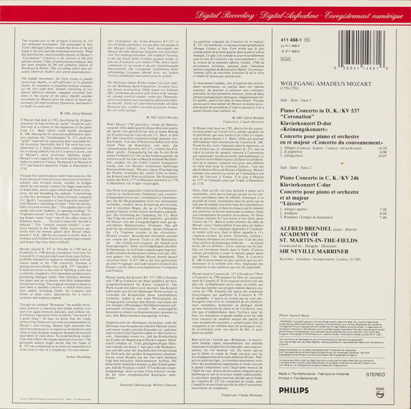 Wolfgang Amadeus Mozart - Alfred Brendel, The Academy Of St. Martin-in-the-Fields, Sir Neville Marriner : Piano Concertos = Klavierkonzerte - No.8 KV 246 «Lützow» / No.26 KV "Coronation" = »Krönungskonzert« = « Couronnement » (LP, Album)