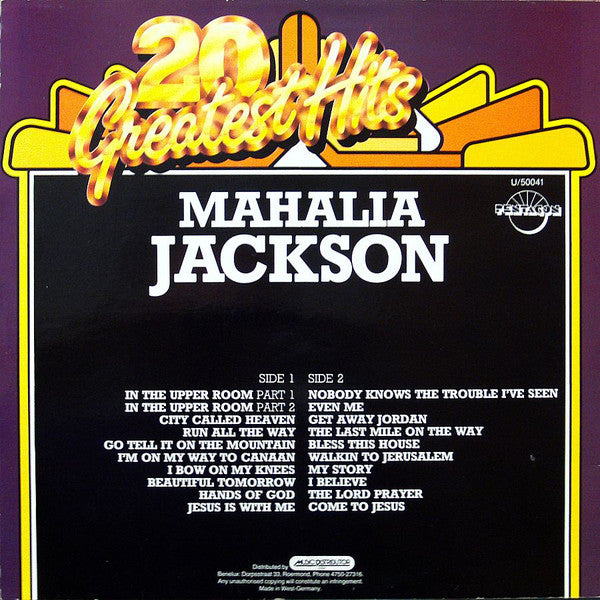 Mahalia Jackson : 20 Greatest Hits (LP, Album, Comp)