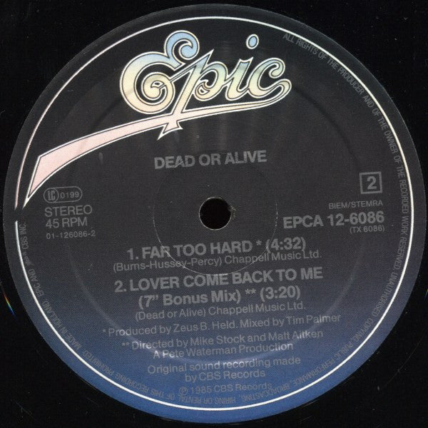 Dead Or Alive : Lover Come Back To Me (Extended Version) (12", Maxi)