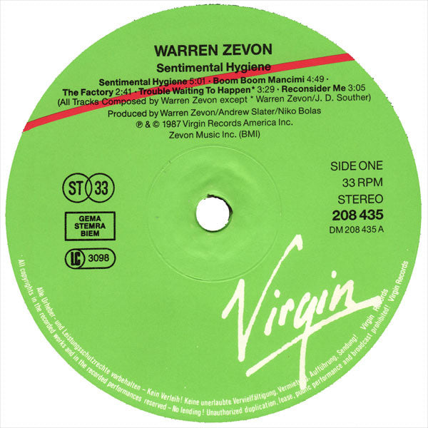 Warren Zevon : Sentimental Hygiene (LP, Album)