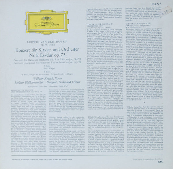 Ludwig van Beethoven – Wilhelm Kempff, Berliner Philharmoniker · Ferdinand Leitner : Klavierkonzert Nr. 5 Es-dur (LP, RP)