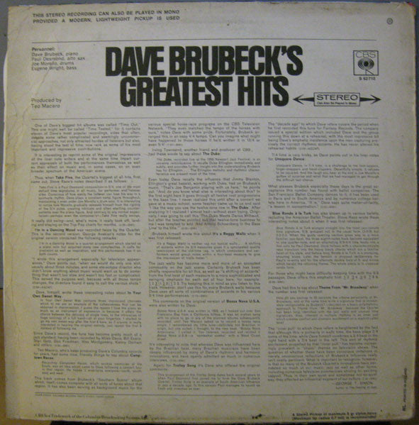 Dave Brubeck : Dave Brubeck's Greatest Hits (LP, Comp, Mono, RE)