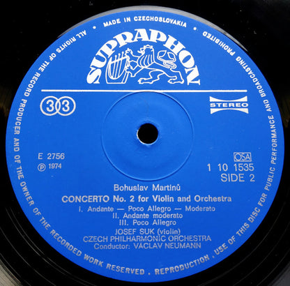 Bohuslav Martinů, Josef Suk, The Czech Philharmonic Orchestra, Václav Neumann : Concertos Nos. 1 & 2 For Violin And Orchestra (LP, RP)