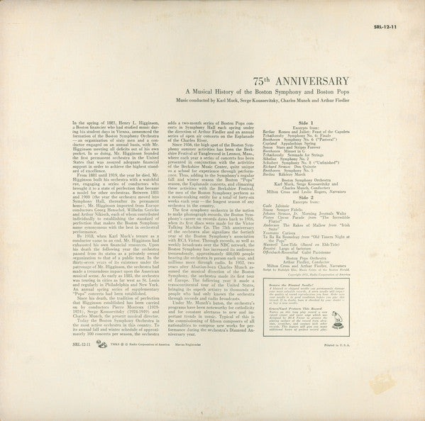 Karl Muck, Serge Koussevitzky, Charles Munch And Arthur Fiedler : 75th Anniversary A Musical History Of The Boston Symphony And Boston Pops (LP, Comp)