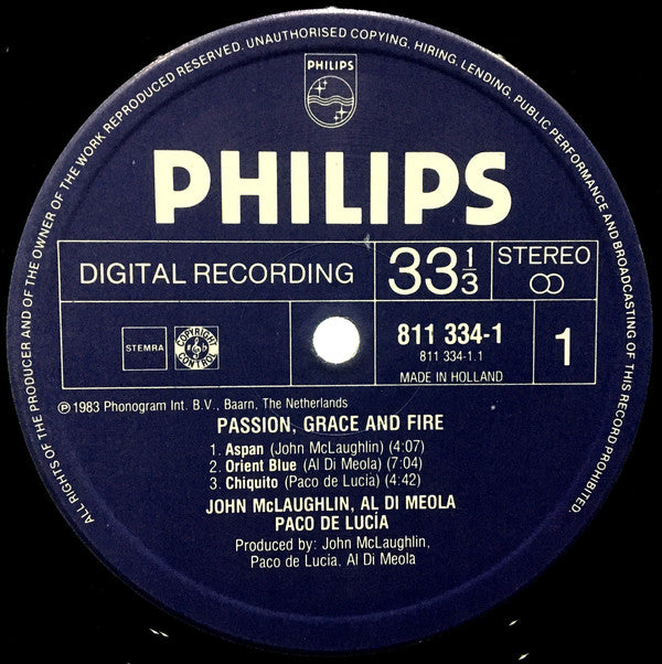 John McLaughlin, Al Di Meola, Paco De Lucía : Passion, Grace & Fire (LP, Album)