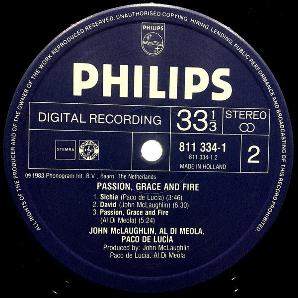 John McLaughlin, Al Di Meola, Paco De Lucía : Passion, Grace & Fire (LP, Album)