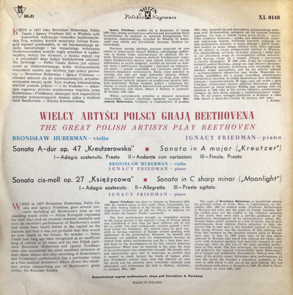 Ludwig van Beethoven, Bronislaw Huberman, Ignaz Friedman : Sonata A-dur Op. 47 „Kreutzerowska“ / Sonata Cis-moll Op. 27 „Księżycowa“ (LP, Mono, Bla)