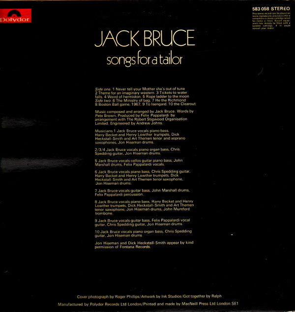 Jack Bruce : Songs For A Tailor (LP, Album, Gat)