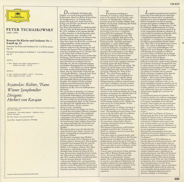 Pyotr Ilyich Tchaikovsky - Sviatoslav Richter · Herbert von Karajan · Wiener Symphoniker : Klavierkonzert Nr.1 B-moll · Piano Concerto No. 1 In B Flat Minor (LP, RE)