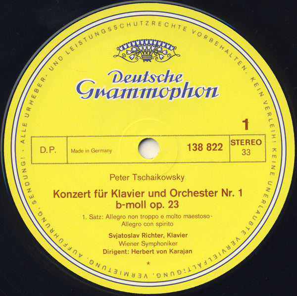 Pyotr Ilyich Tchaikovsky - Sviatoslav Richter · Herbert von Karajan · Wiener Symphoniker : Klavierkonzert Nr.1 B-moll · Piano Concerto No. 1 In B Flat Minor (LP, RE)