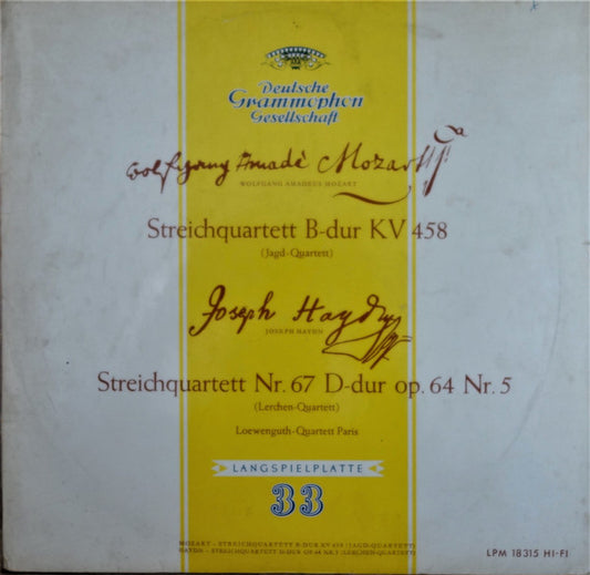 Wolfgang Amadeus Mozart, Joseph Haydn, Quatuor Loewenguth : Streichquartett B-Dur KV 458 (Jagd-Quartett) / Streichquartett Nr. 67 D-Dur Op. 64 Nr. 5 (Lerchenquartett) (LP, Mono)