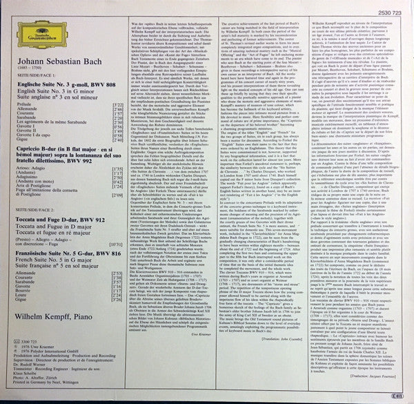 Johann Sebastian Bach - Wilhelm Kempff : Französische Suite No.5 = French Suite, Englische Suite No.3 = English Suite, Toccata D-Dur = In D Major, Capriccio (LP, RE, GY8)