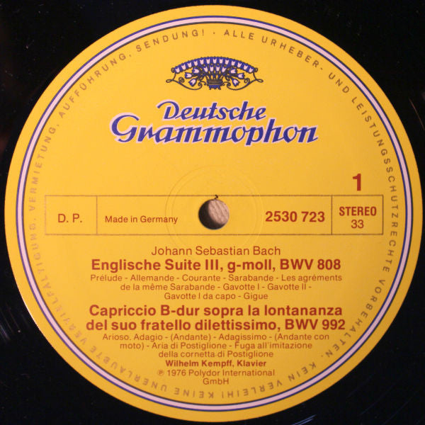 Johann Sebastian Bach - Wilhelm Kempff : Französische Suite No.5 = French Suite, Englische Suite No.3 = English Suite, Toccata D-Dur = In D Major, Capriccio (LP, RE, GY8)