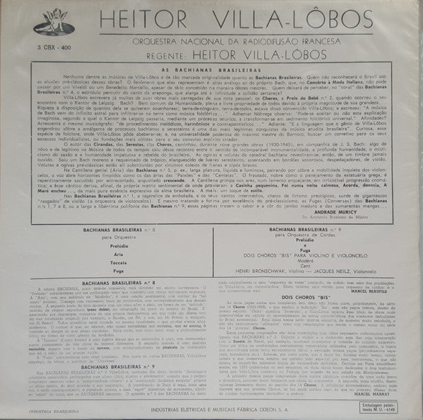 Heitor Villa-Lobos, Orchestre National De France, Henri Bronschwak, Jacques Neilz : As Nove Bachianas Brasileiras - Vol. 4 (Bachianas N.os 8 E 9) / Dois Choros ''Bis'' Para Violino E Violoncello (LP, Album, Mono)