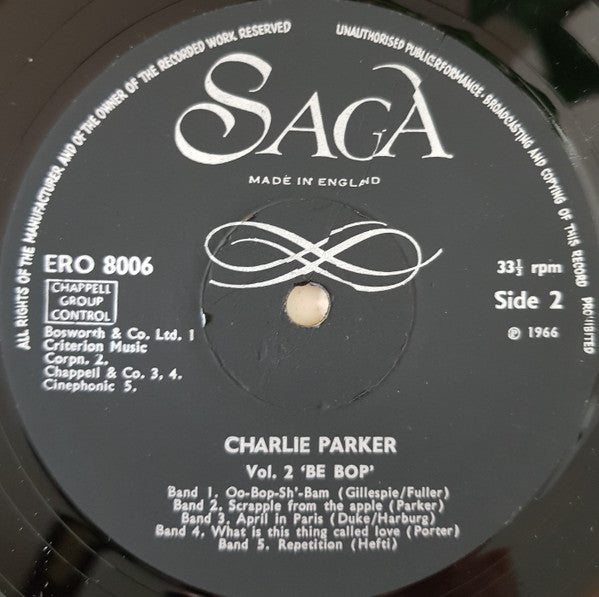 Charlie Parker : Vol 2 Be Bop (LP, Comp, Red)