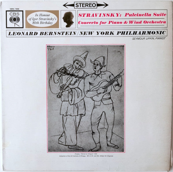 Igor Stravinsky, Leonard Bernstein / New York Philharmonic, Seymour Lipkin : Pulcinella Suite / Concerto For Piano And Wind Orchestra (LP)