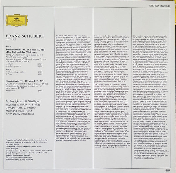 Franz Schubert, Melos Quartett : Der Tod Und Das Mädchen • Death And The Maiden  (Streichquartett D-Moll • String Quartet In D Minor) / Quartettsatz C-Moll • Quartet Movement In C Minor (LP, RE)