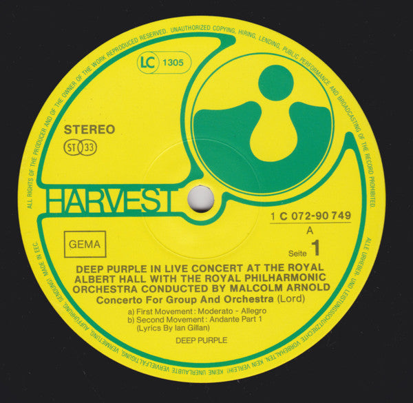 Deep Purple, Royal Philharmonic Orchestra Conducted By Malcolm Arnold : Concerto For Group And Orchestra (LP, Album, RP)