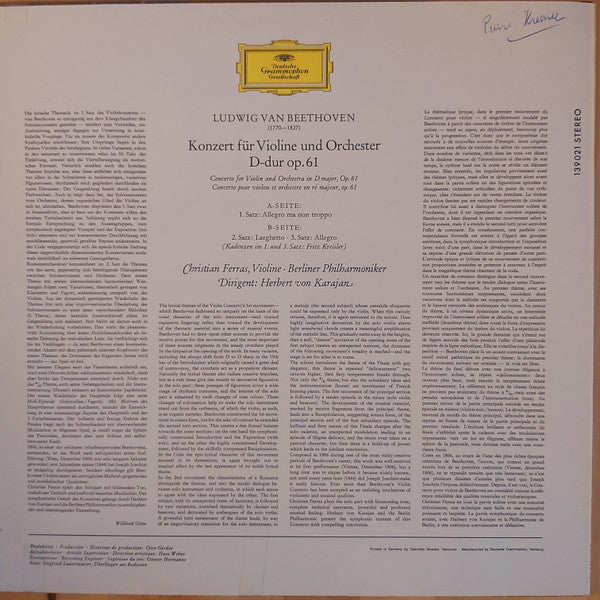 Ludwig van Beethoven, Christian Ferras, Herbert von Karajan, Berliner Philharmoniker : Violinkonzert D-Dur (LP)