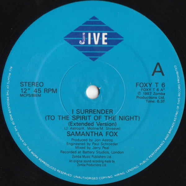 Samantha Fox : I Surrender (To The Spirit Of The Night) (12", Single)