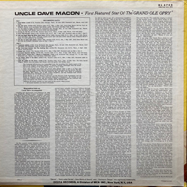 Uncle Dave Macon : First Featured Star Of The "Grand Ole Opry" (LP, Comp)