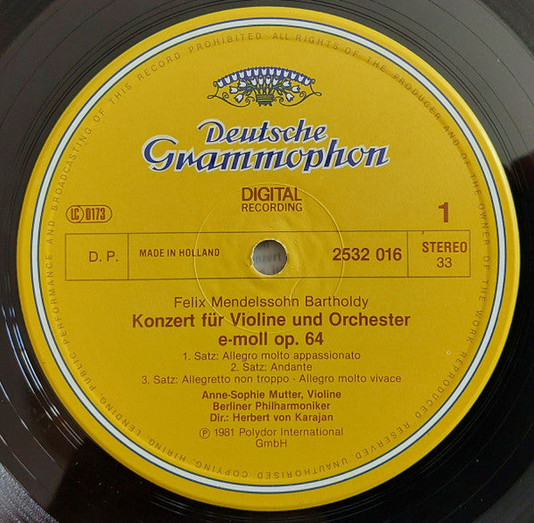 Felix Mendelssohn-Bartholdy · Max Bruch, Anne-Sophie Mutter, Berliner Philharmoniker · Herbert von Karajan : Violinkonzerte = Violin Concertos (LP)