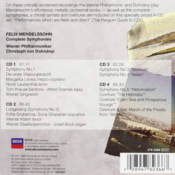 Felix Mendelssohn-Bartholdy, Wiener Philharmoniker, Christoph von Dohnányi : The Complete Symphonies (4xCD, Comp + Box)