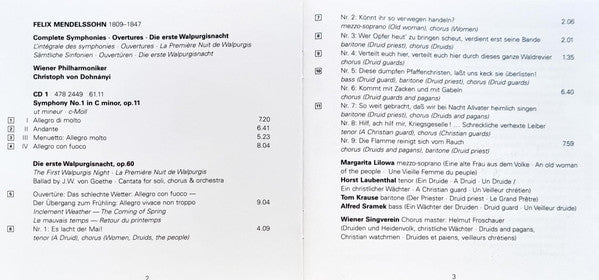 Felix Mendelssohn-Bartholdy, Wiener Philharmoniker, Christoph von Dohnányi : The Complete Symphonies (4xCD, Comp + Box)