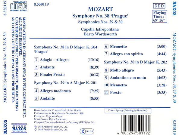 Wolfgang Amadeus Mozart, Capella Istropolitana, Barry Wordsworth : Symphony No. 38 'Prague', Symphonies Nos. 29 & 30 (CD, Album)