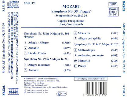 Wolfgang Amadeus Mozart, Capella Istropolitana, Barry Wordsworth : Symphony No. 38 'Prague', Symphonies Nos. 29 & 30 (CD, Album)