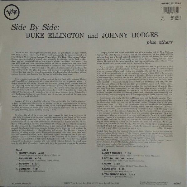 Duke Ellington And Johnny Hodges : Side By Side (LP, Album, RE, RM)