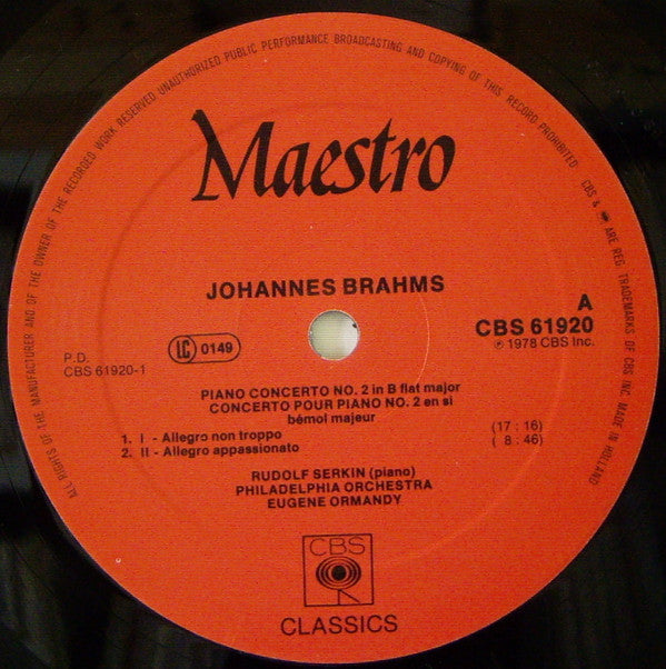 Johannes Brahms - Rudolf Serkin, The Philadelphia Orchestra, Eugene Ormandy : Piano Concerto = Concerto Pour Piano No. 2 (LP, Album)